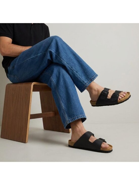 Men\'s Black Nappa Lane Cork Footbed Sandals Adjustable Buckle Comfort Slides main image 4